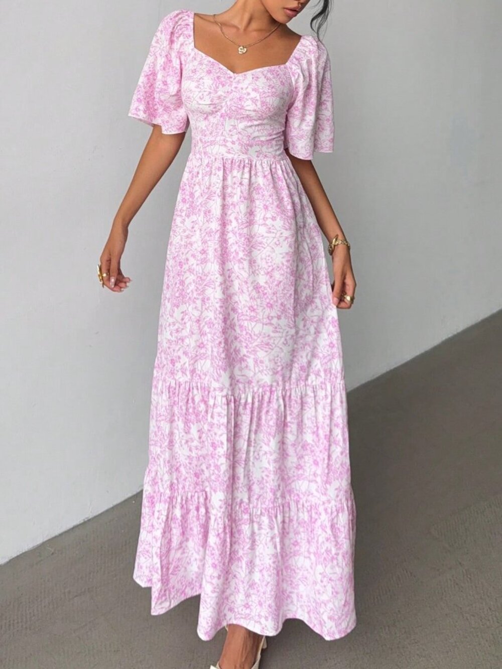Pink Boho Women's Short Sleeve Beach Ditsy Floral Maxi Dress - Picture 1 of 6